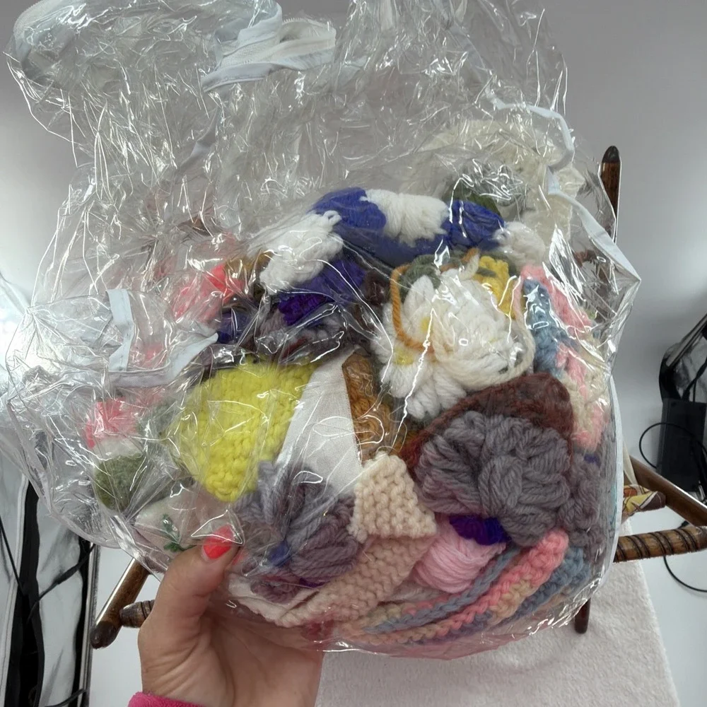 VTG MCM Wood Framed Floral Folding Knit Craft Sew Yarn Basket Flowers With Yarn